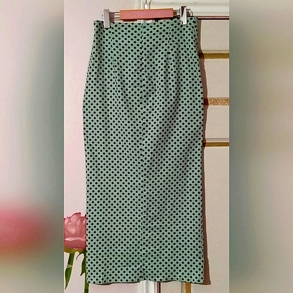 ZARA🐞Linen Ruched Mint Green Polka Dot Asymmetrical Maxi Pencil Skirt Sz:M - Picture 6 of 12